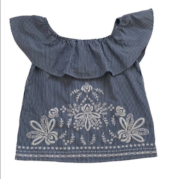 Blue Rain Blouse Top White Blue Striped Ruffled Sleeveless Embroidered XS - Picture 11 of 11